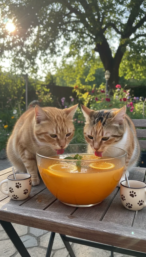 two cats drinking juice