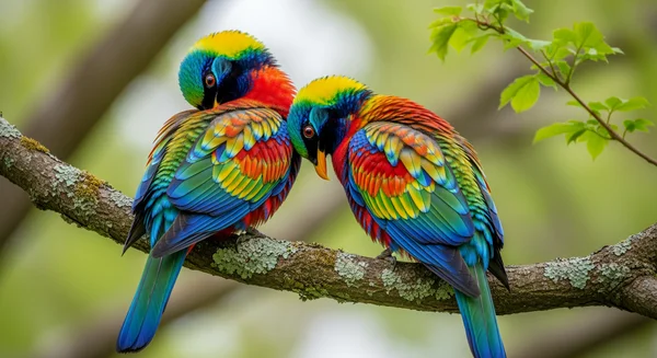 Two birds rainbow feathers