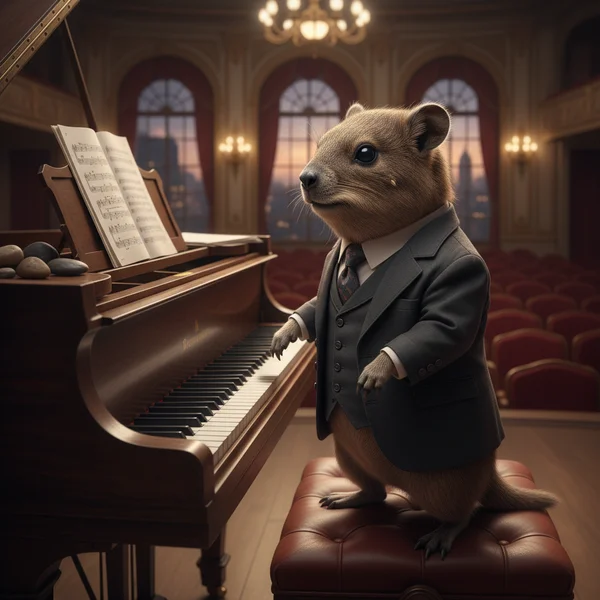 a realistic image of a hyrax playing the piano dressed in a nice suit